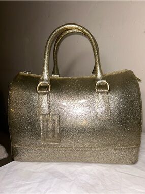 Furla Candy Bag Gold Glitter, silver hardware, Meighan hang tag  EUC